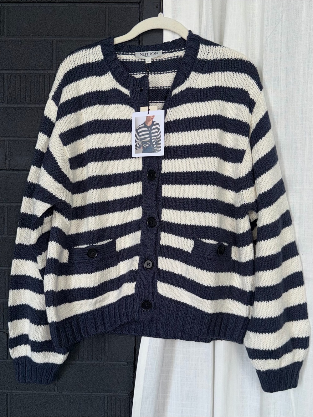 NWT Nation LTD Tessa Cardigan Marine Stripe Navy Sweater Chunky Knit Size Large
